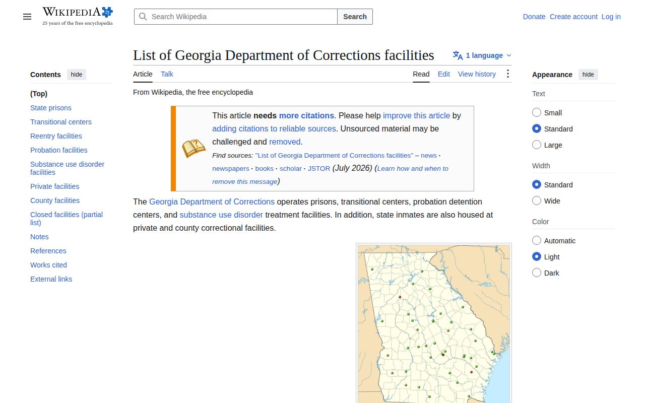 List identifying former Georgia correctional facilities including Thomas County Prison