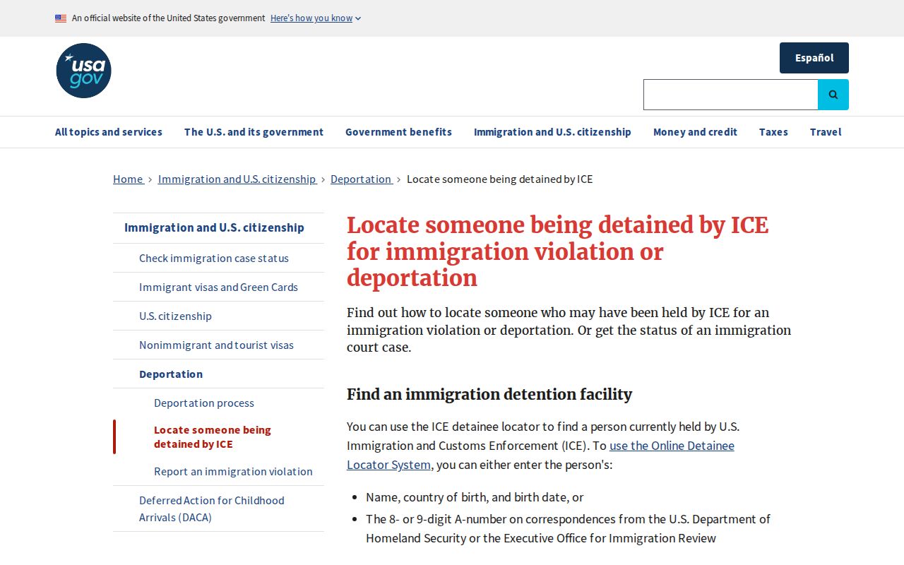 USA.gov guide to locating a person detained by ICE