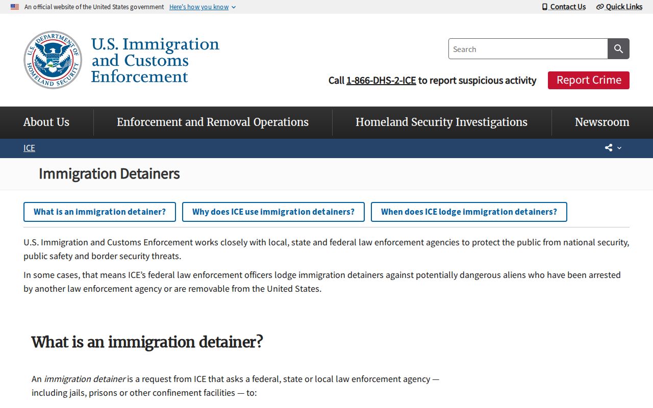 ICE explanation of immigration detainers