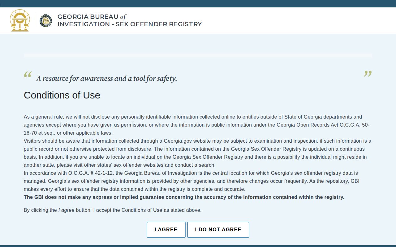 Georgia public sex offender registry search page