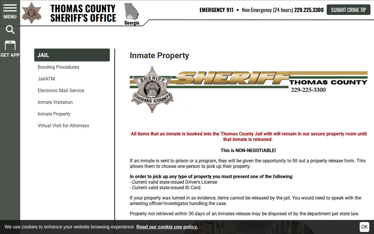 Thomas County released inmate property pickup rules